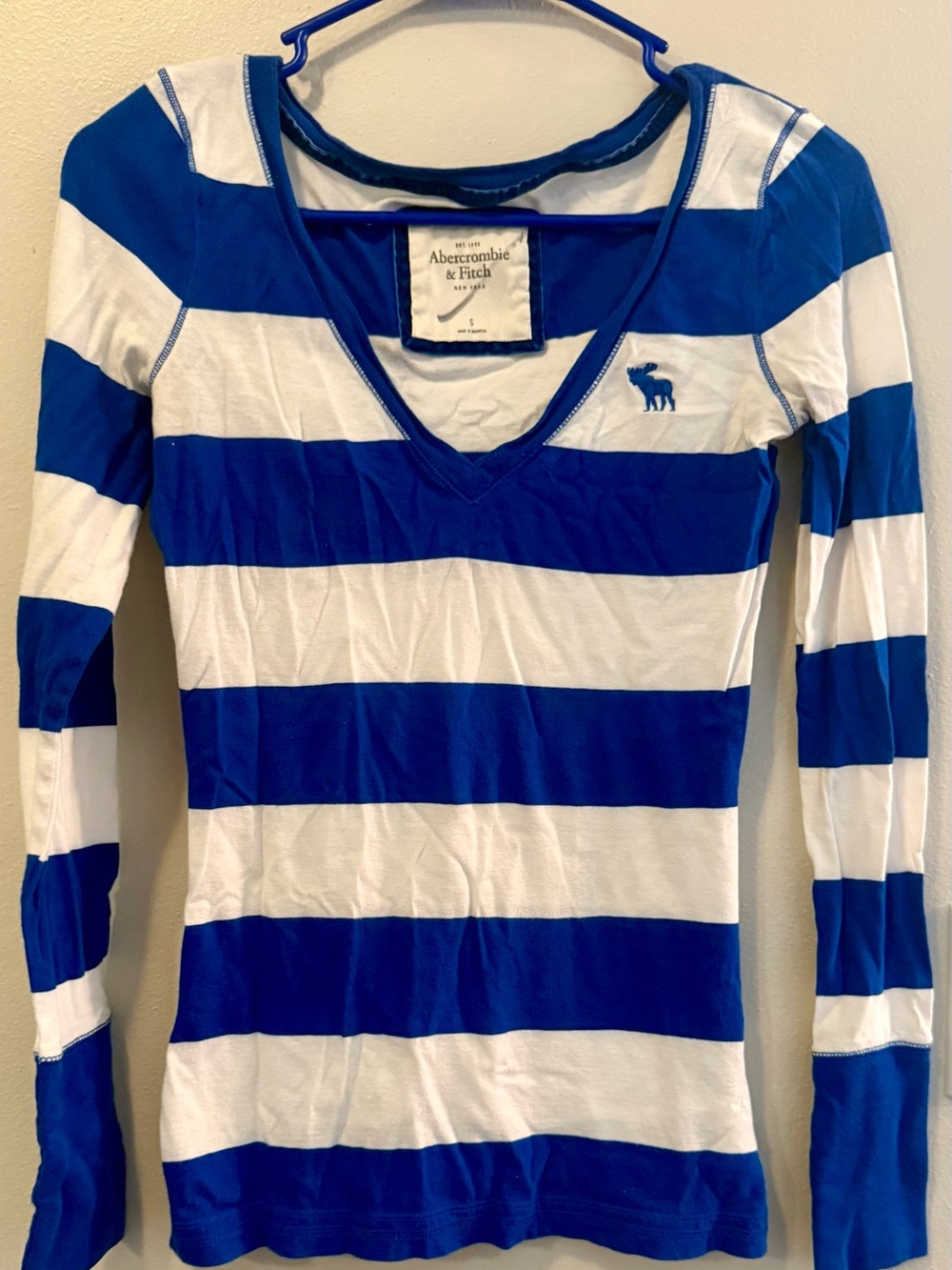 Abercrombie & Fitch Blue and White Striped Long-Sleeve V-Neck Top